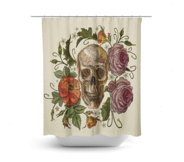 Skull Shower Curtain, Sugar Skulls, Day Of The Dead, Bath Mat, Towels, Poppies and Roses