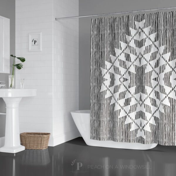 Southwestern Design Shower Curtain, Bohemian Abstract Black and White Bath Curtain, Unique Tribal Bathroom Decor
