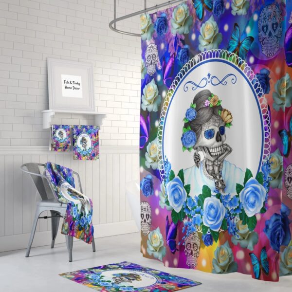 Sugar Skull Shower Curtain, Day Of The Dead, Blue Rose Miss Annie Optional Bath Mat, Bath Towels