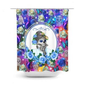 Sugar Skull Shower Curtain, Day Of The Dead, Blue Rose Miss Annie Optional Bath Mat, Bath Towels