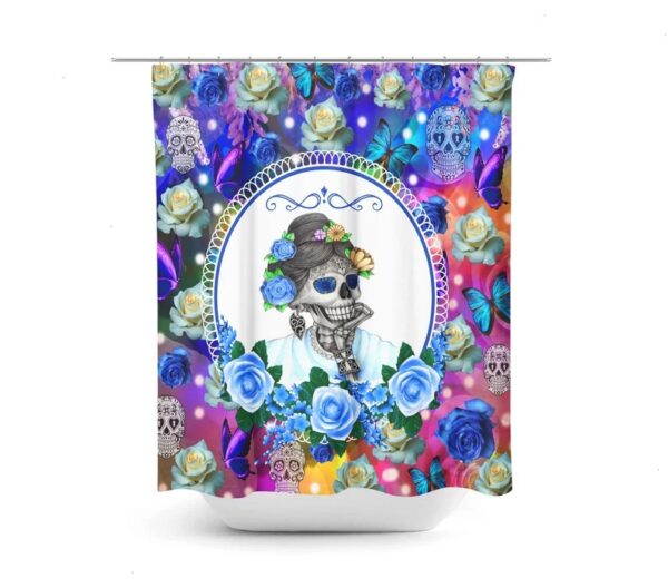 Sugar Skull Shower Curtain, Day Of The Dead, Blue Rose Miss Annie Optional Bath Mat, Bath Towels