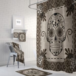 Sugar Skull Shower Curtain, Day Of The Dead, Brown Beige, Bath Mat, Bath Towels, Sugar Skull Bath Set