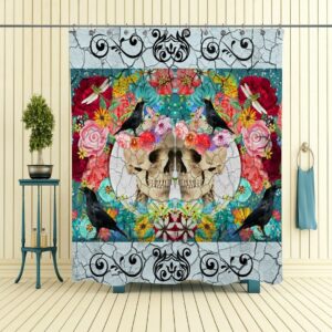 Sugar Skull Shower Curtain, Day Of The Dead, Crackled Floral Crows SkullsAntiquated Love