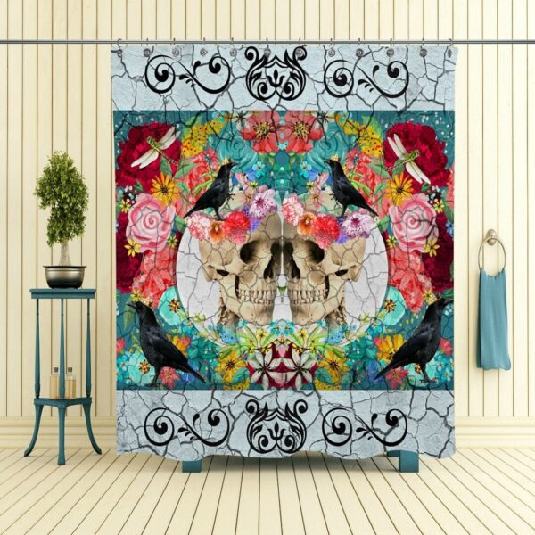 Sugar Skull Shower Curtain, Day Of The Dead, Crackled Floral Crows SkullsAntiquated Love