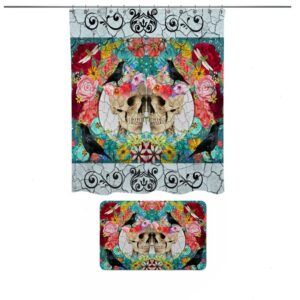 Sugar Skull Shower Curtain, Day Of The Dead, Crackled Floral Crows SkullsAntiquated Love
