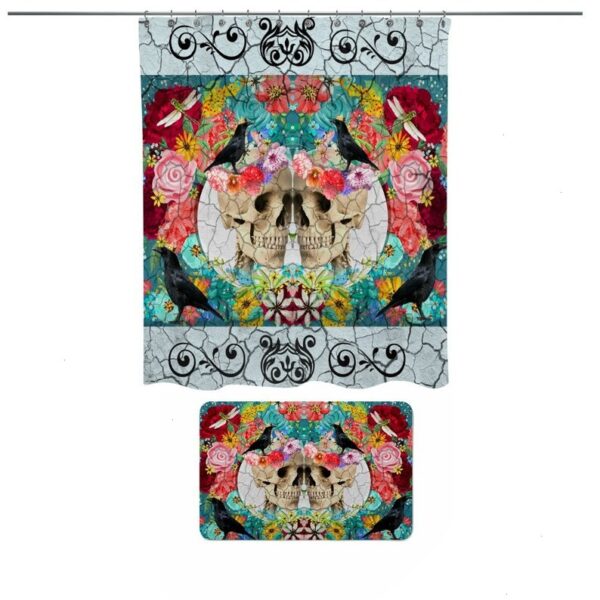 Sugar Skull Shower Curtain, Day Of The Dead, Crackled Floral Crows SkullsAntiquated Love