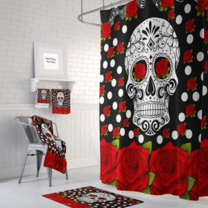 Sugar Skull Shower Curtain, Day Of The Dead, Red Roses, Bath Mat, Bath Towels, Sugar Skull Bath Set