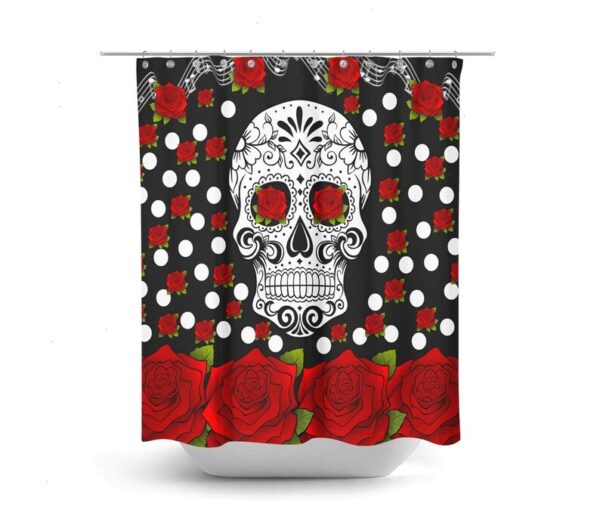 Sugar Skull Shower Curtain, Day Of The Dead, Red Roses, Bath Mat, Bath Towels, Sugar Skull Bath Set