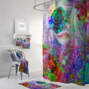 Sugar Skull Shower Curtain -Day Of The Dead- Willows Garden, Floral Abstract Bath Mat, Towels