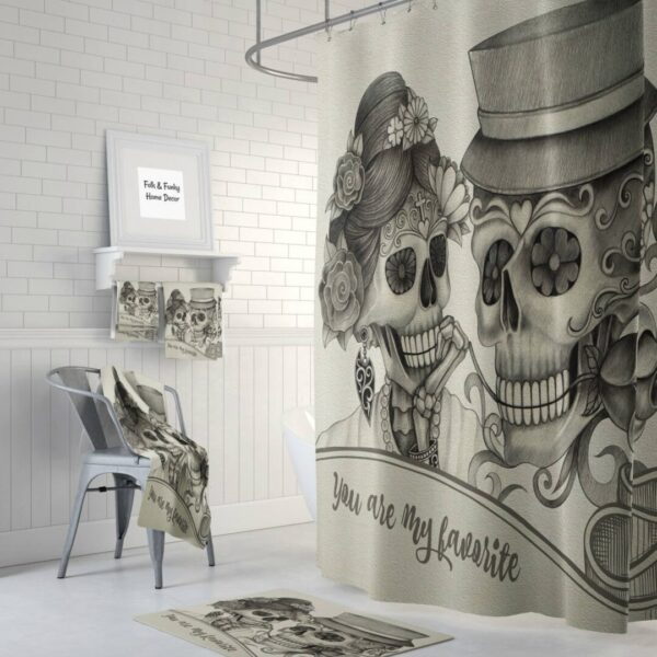 Sugar Skull Shower Curtain, Playing Favorites, Forevermore Day Of The Dead, Bath Mat, Towels, Skeletons