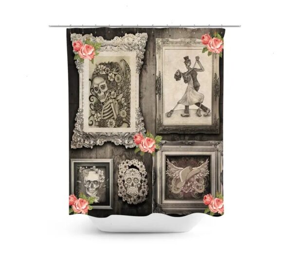 Sugar Skull Shower Curtain Skeleton Family Photo Primitive Rustic Unique Framed Skulls