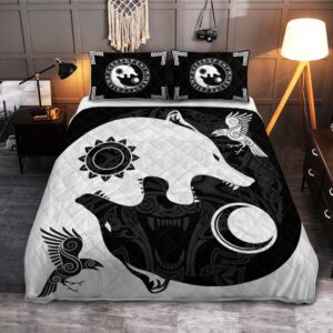 The Sons Of Fenrir Hati And Skoll Viking Quilt Bedding Set , Viking Quilt Bedding Set Blanket, Viking Quilt For Bedroom, Gifts for Viking Lover