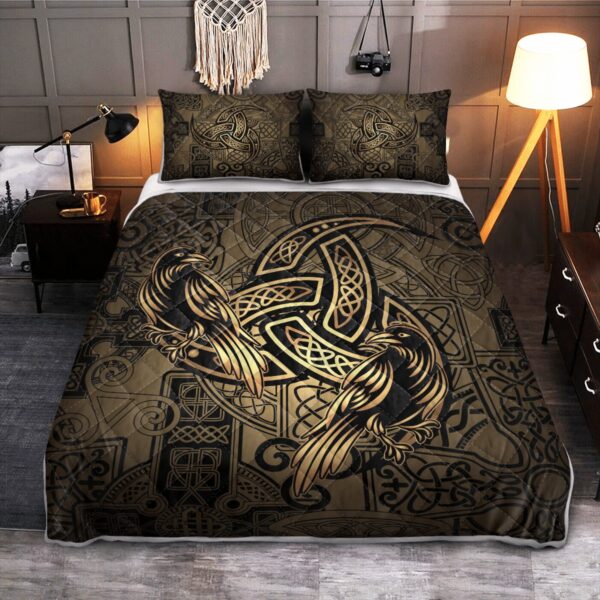 Totem Birds Raven Huginn And Muninn Ravens Of Odin Quilt Bed Set, Viking Quilt Bedding Set Throw, Twin, Queen, King Size, Viking Quilt Bedding Set For Bedroom, Gifts for Viking Lover