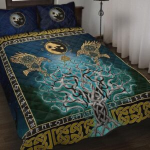 Tree Of Life Fenrir Skoll And Hati Raven Rune Viking Quilt Bedding Set , Viking Quilt Bedding Set Blanket, Viking Quilt For Bedroom, Gifts for Viking Lover