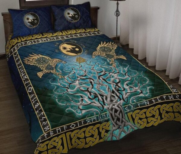 Tree Of Life Fenrir Skoll And Hati Raven Rune Viking Quilt Bedding Set , Viking Quilt Bedding Set Blanket, Viking Quilt For Bedroom, Gifts for Viking Lover