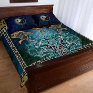 Tree Of Life Fenrir Skoll And Hati Raven Rune Viking Quilt Bedding Set , Viking Quilt Bedding Set Blanket, Viking Quilt For Bedroom, Gifts for Viking Lover