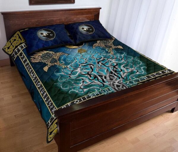 Tree Of Life Fenrir Skoll And Hati Raven Rune Viking Quilt Bedding Set , Viking Quilt Bedding Set Blanket, Viking Quilt For Bedroom, Gifts for Viking Lover