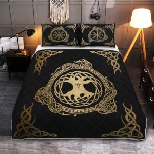Tree Yggdrasil And Vegvisir Quilt Bed Set, Viking Quilt Bedding Set Throw, Twin, Queen, King Size, Viking Quilt Bedding Set Blanket, Viking Quilt For Bedroom, Gifts for Viking Lover