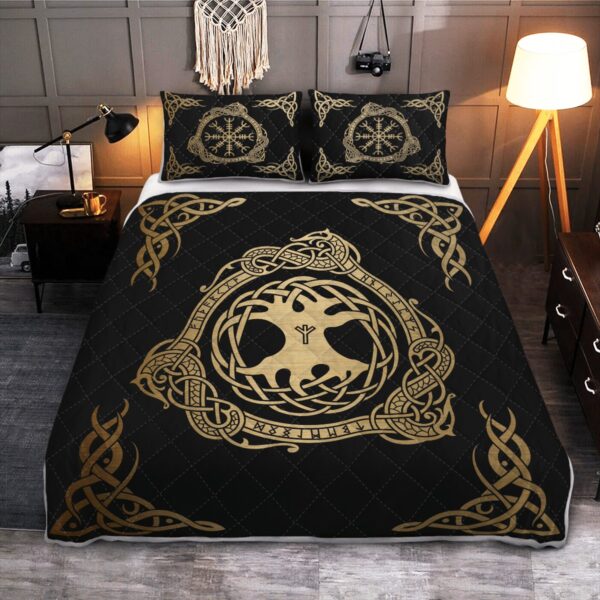 Tree Yggdrasil And Vegvisir Quilt Bed Set, Viking Quilt Bedding Set Throw, Twin, Queen, King Size, Viking Quilt Bedding Set Blanket, Viking Quilt For Bedroom, Gifts for Viking Lover
