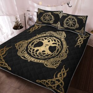 Tree Yggdrasil And Vegvisir Quilt Bed Set, Viking Quilt Bedding Set Throw, Twin, Queen, King Size, Viking Quilt Bedding Set Blanket, Viking Quilt For Bedroom, Gifts for Viking Lover