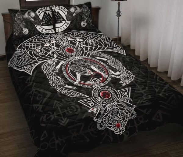 Valknut Raven White Wolf Viking Quilt Bed Set, Viking Bed Set Throw, Twin, Queen, King Size, Viking Quilt Bedding Set Blanket, Viking Quilt For Bedroom, Gifts for Viking Lover
