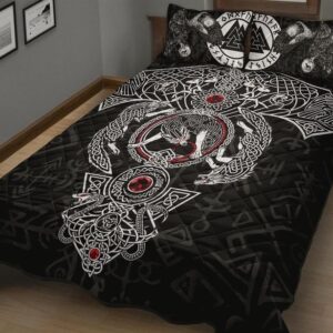Valknut Raven White Wolf Viking Quilt Bed Set, Viking Bed Set Throw, Twin, Queen, King Size, Viking Quilt Bedding Set Blanket, Viking Quilt For Bedroom, Gifts for Viking Lover