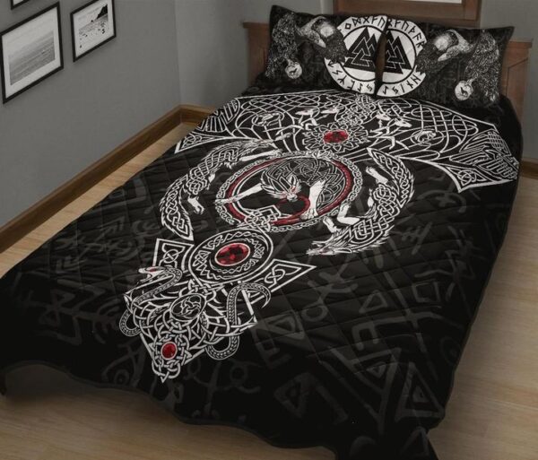 Valknut Raven White Wolf Viking Quilt Bed Set, Viking Bed Set Throw, Twin, Queen, King Size, Viking Quilt Bedding Set Blanket, Viking Quilt For Bedroom, Gifts for Viking Lover