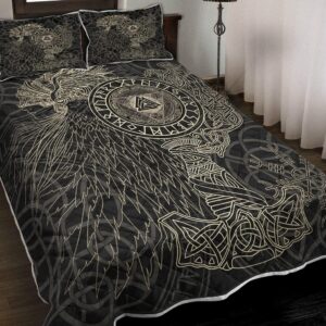 Valknut with Helm of Awe and Horn Triskelion - Black Vikings Quilt, Viking Quilt Bedding Set Blanket, Viking Quilt For Bedroom, Gifts for Viking Lover