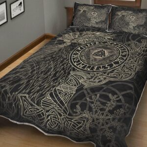 Valknut with Helm of Awe and Horn Triskelion - Black Vikings Quilt, Viking Quilt Bedding Set Blanket, Viking Quilt For Bedroom, Gifts for Viking Lover