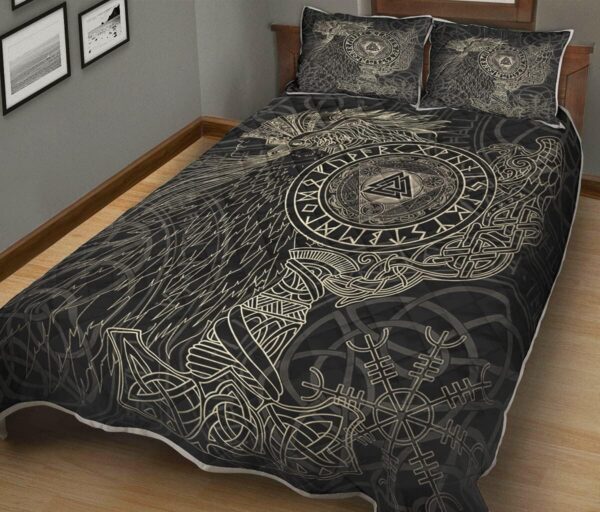 Valknut with Helm of Awe and Horn Triskelion - Black Vikings Quilt, Viking Quilt Bedding Set Blanket, Viking Quilt For Bedroom, Gifts for Viking Lover