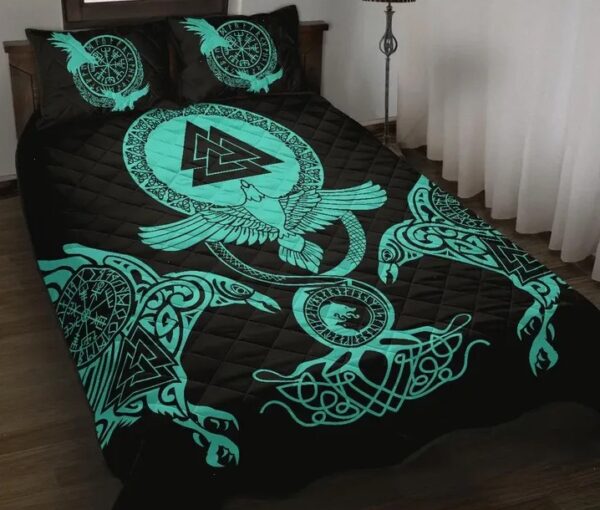 Vegvisir Valknut Raven Viking Tree of Life Fenirr Wolf Quilt Bed Set, Viking Bed Set Throw, Twin, Queen, King Size, Viking Quilt Bedding Set Blanket, Viking Quilt For Bedroom, Gifts for Viking Lover