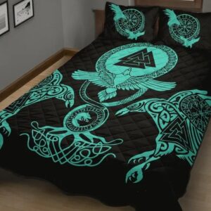 Vegvisir Valknut Raven Viking Tree of Life Fenirr Wolf Quilt Bed Set, Viking Bed Set Throw, Twin, Queen, King Size, Viking Quilt Bedding Set Blanket, Viking Quilt For Bedroom, Gifts for Viking Lover