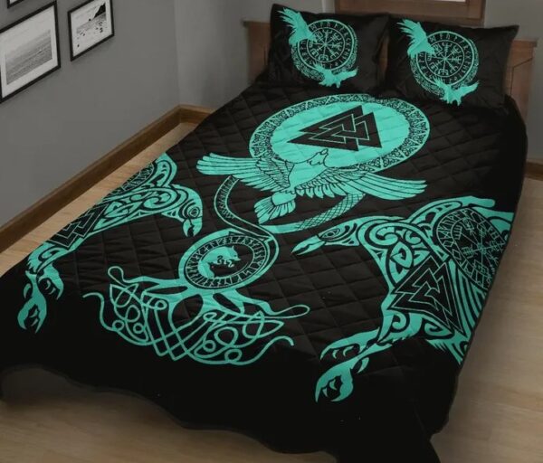 Vegvisir Valknut Raven Viking Tree of Life Fenirr Wolf Quilt Bed Set, Viking Bed Set Throw, Twin, Queen, King Size, Viking Quilt Bedding Set Blanket, Viking Quilt For Bedroom, Gifts for Viking Lover
