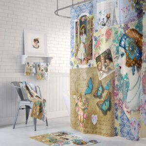 Victorian Collage Shower Curtains, Optional Bath Towerl, Bath Mat, Vintage Theme Bathroom Decor