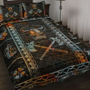 Viking Helmet Axe Norse Quilt Bed Set, Viking Bed Set Throw, Twin, Queen, King Size, Viking Quilt Bedding Set Blanket, Viking Quilt For Bedroom, Gifts for Viking Lover