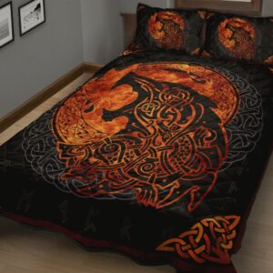 Viking Quilt Bed Set – Celtic Fenrir Bedding Set , Viking Quilt Bedding Set Blanket, Viking Quilt For Bedroom, Gifts for Viking Lover