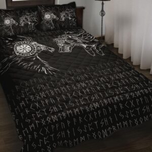 Viking Quilt Bed Set – Raven And Wolf Special Tattoo Quilt Set Throw, Twin, Queen, King Size, Viking Quilt Bedding Set Blanket, Viking Quilt For Bedroom, Gifts for Viking Lover