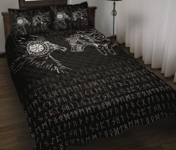 Viking Quilt Bed Set – Raven And Wolf Special Tattoo Quilt Set Throw, Twin, Queen, King Size, Viking Quilt Bedding Set Blanket, Viking Quilt For Bedroom, Gifts for Viking Lover