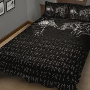 Viking Quilt Bed Set – Raven And Wolf Special Tattoo Quilt Set Throw, Twin, Queen, King Size, Viking Quilt Bedding Set Blanket, Viking Quilt For Bedroom, Gifts for Viking Lover