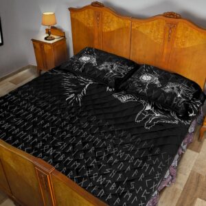 Viking Quilt Bed Set – Raven And Wolf Special Tattoo Quilt Set Throw, Twin, Queen, King Size, Viking Quilt Bedding Set Blanket, Viking Quilt For Bedroom, Gifts for Viking Lover