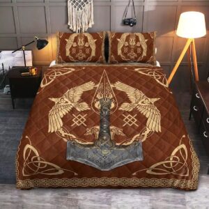 Viking Quilt Bed Set Thor’s Hammer Mjolnir Raven, Viking Bed Set Throw, Twin, Queen, King Size, Viking Quilt Bedding Set Blanket, Viking Quilt For Bedroom, Gifts for Viking Lover