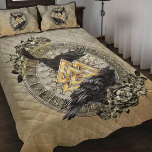 Viking Quilt Raven Valknut Tree of Life Rune Circle Bedding Set, Viking Quilt Bedding Set Blanket, Viking Quilt For Bedroom, Gifts for Viking Lover
