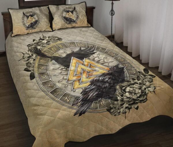 Viking Quilt Raven Valknut Tree of Life Rune Circle Bedding Set, Viking Quilt Bedding Set Blanket, Viking Quilt For Bedroom, Gifts for Viking Lover