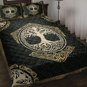 Viking Quilt Set, Celtic Viking Tree Of Yggdrasil Norse Nordic Mythology Green Quilt Blanket With Pillowcases, Viking Quilt Bedding Set Blanket, Viking Quilt For Bedroom, Gifts for Viking Lover