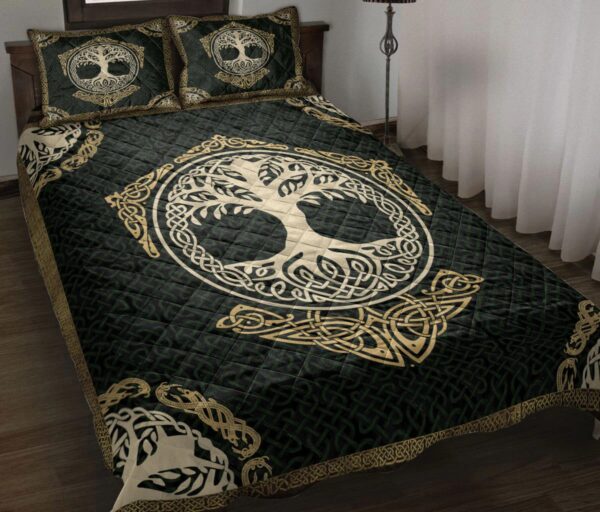 Viking Quilt Set, Celtic Viking Tree Of Yggdrasil Norse Nordic Mythology Green Quilt Blanket With Pillowcases, Viking Quilt Bedding Set Blanket, Viking Quilt For Bedroom, Gifts for Viking Lover