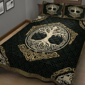 Viking Quilt Set, Celtic Viking Tree Of Yggdrasil Norse Nordic Mythology Green Quilt Blanket With Pillowcases, Viking Quilt Bedding Set Blanket, Viking Quilt For Bedroom, Gifts for Viking Lover