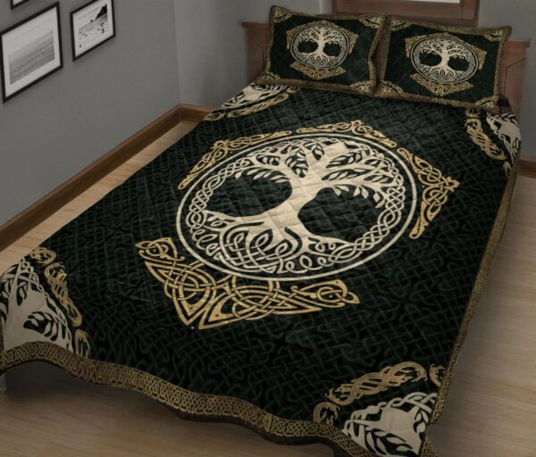 Viking Quilt Set, Celtic Viking Tree Of Yggdrasil Norse Nordic Mythology Green Quilt Blanket With Pillowcases, Viking Quilt Bedding Set Blanket, Viking Quilt For Bedroom, Gifts for Viking Lover