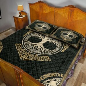 Viking Quilt Set, Celtic Viking Tree Of Yggdrasil Norse Nordic Mythology Green Quilt Blanket With Pillowcases, Viking Quilt Bedding Set Blanket, Viking Quilt For Bedroom, Gifts for Viking Lover