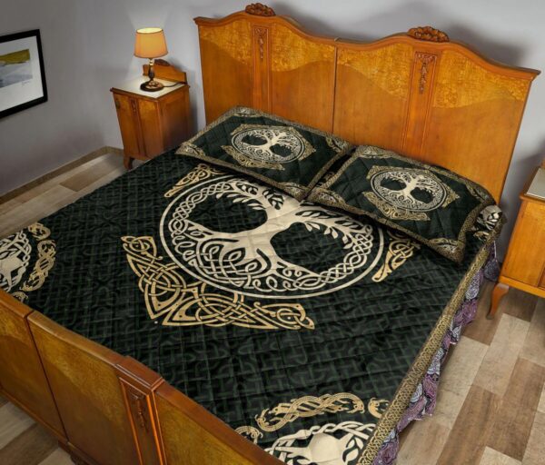 Viking Quilt Set, Celtic Viking Tree Of Yggdrasil Norse Nordic Mythology Green Quilt Blanket With Pillowcases, Viking Quilt Bedding Set Blanket, Viking Quilt For Bedroom, Gifts for Viking Lover