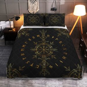 Viking Vegvisir And Rune Quilt Bed Set, Viking Quilt Bedding Set Throw, Twin, Queen, King Size, Viking Quilt For Bedroom, Gifts for Viking Lover